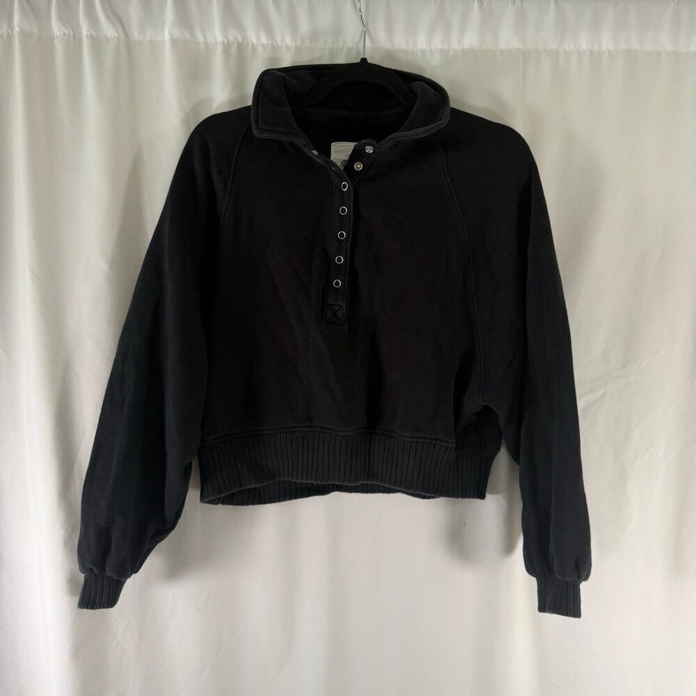 Aerie Sweater Women's XXS Black 1/2 Snap Pullover Cropped Cotton Blend